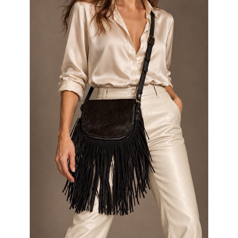 Will Leather Goods Black Hair On Hide Fringe Crossbody Bag Western Boho $495